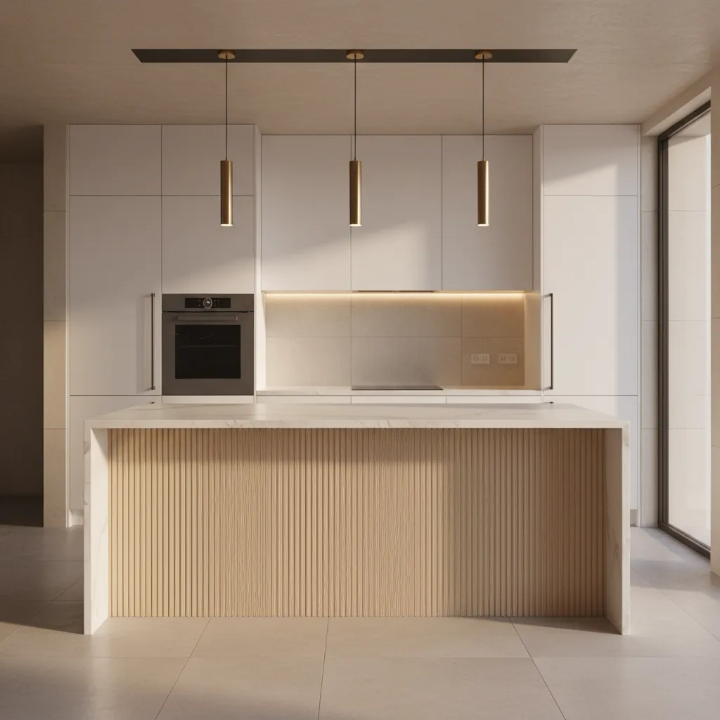 Kitchen island featuring fluted cabinet panels