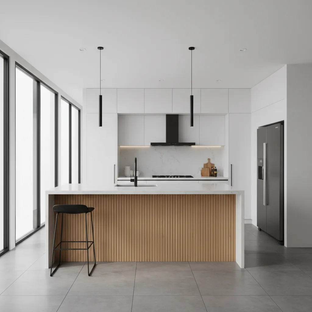 Modern kitchen island with fluted wood paneling and stone countertop