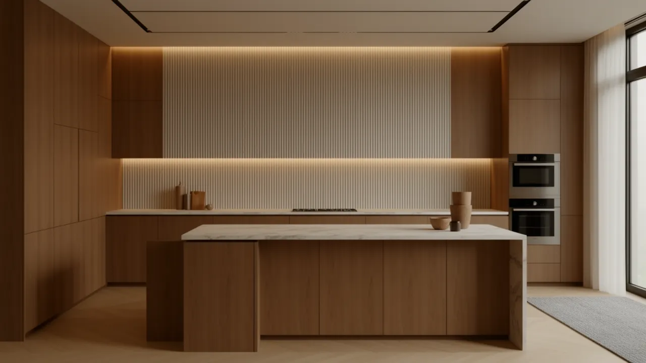 Contemporary kitchen with fluted panel feature wall behind kitchen island
