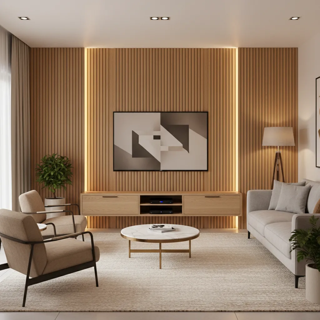 Fluted wood LED TV panel wall design in modern drawing room