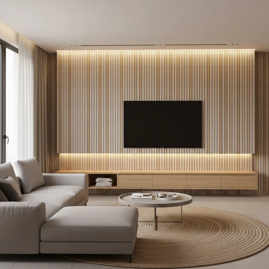 Modern TV wall with vertical fluted tiles in warm neutral tones
