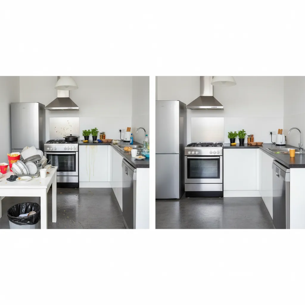 Flyer mostrando limpieza antes y después en una cocina