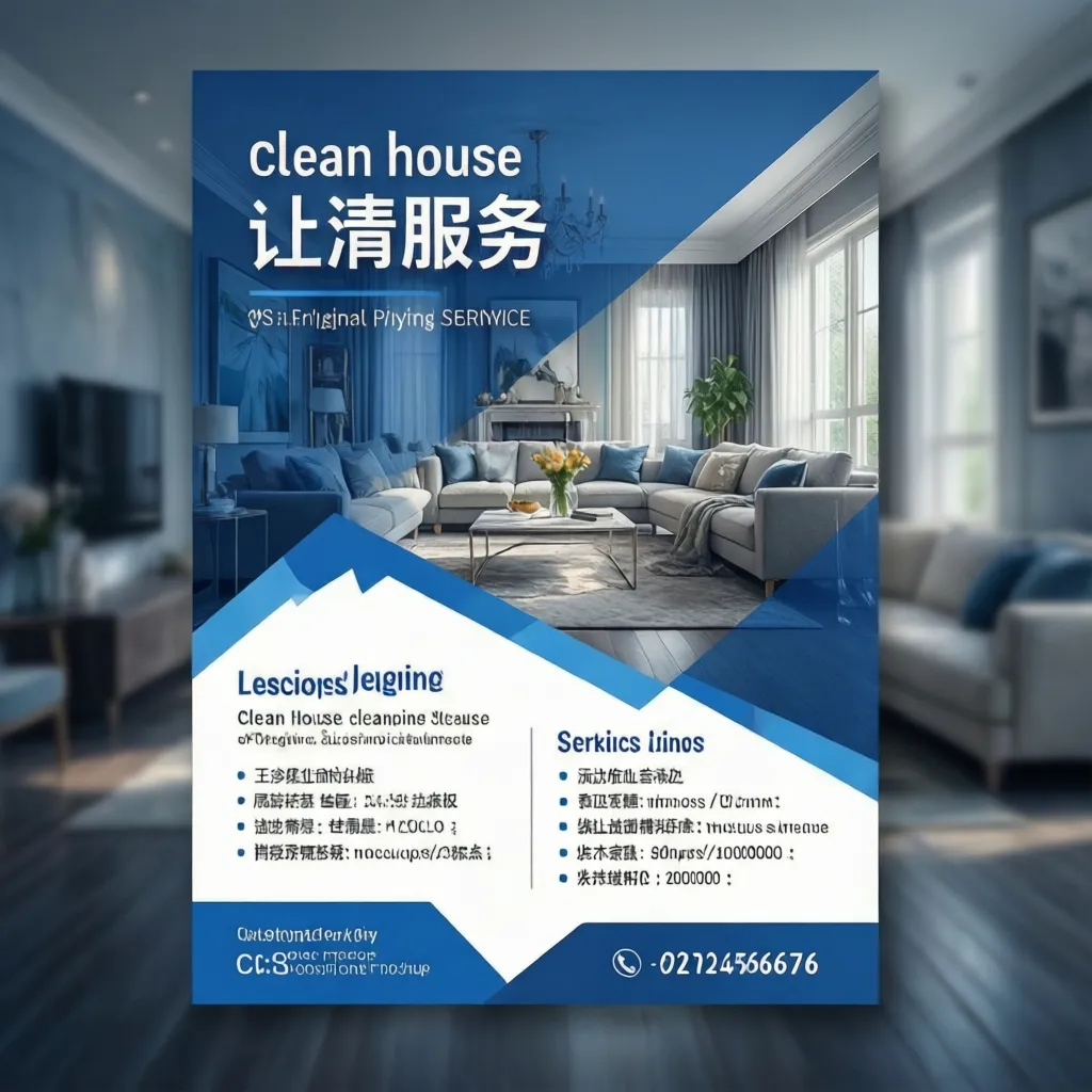 Diseño simple de flyer para limpieza del hogar con colores azul y blanco