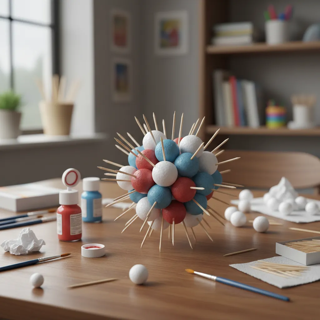 foam balls assembled into atom nucleus with toothpicks for a science project