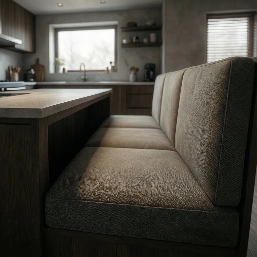Close view of thick foam kitchen bench cushion on wooden banquette seating