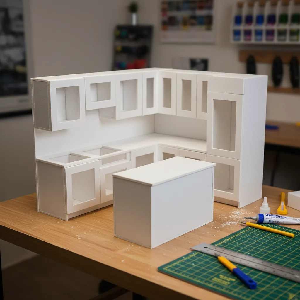 Foam board structure forming miniature kitchen cabinets for a Barbie dollhouse