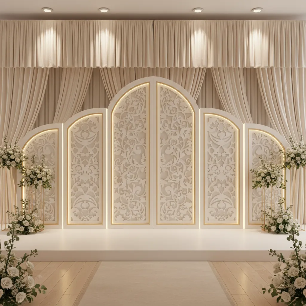 Wedding stage backdrop made with decorative foam panels and fabric