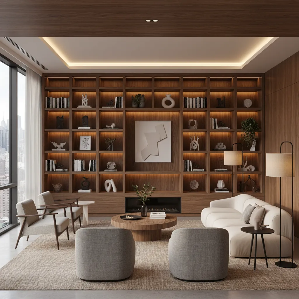 Sala con estantería de madera como punto focal del diseño