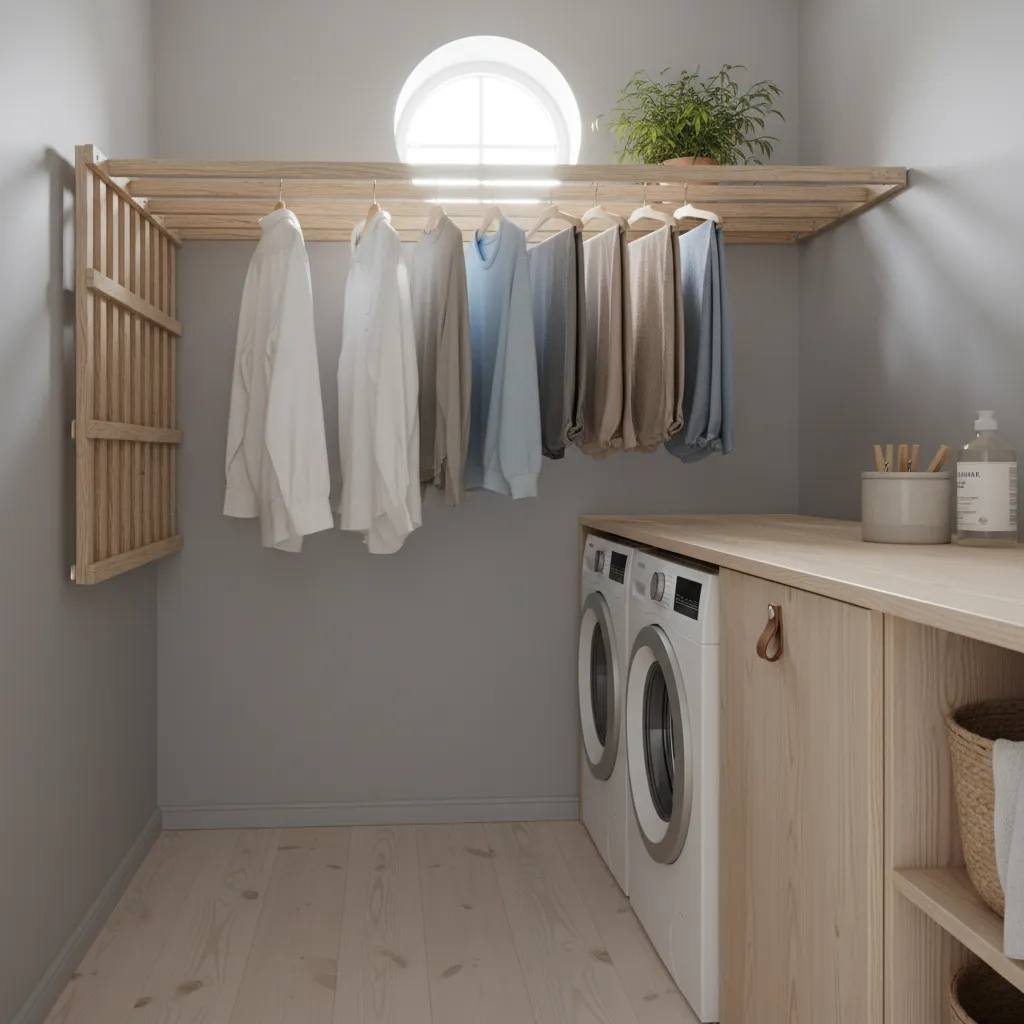 Fold down wall mounted drying rack used in a small laundry room