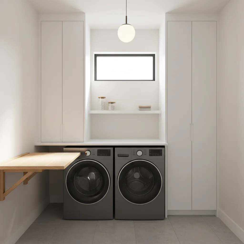 Small laundry room with fold down wall table for folding clothes
