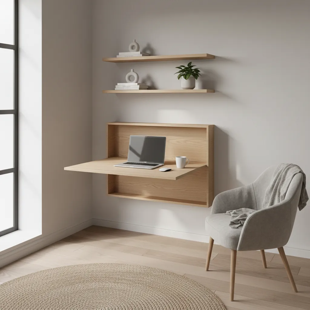 fold down wall mounted desk opened in a small home office