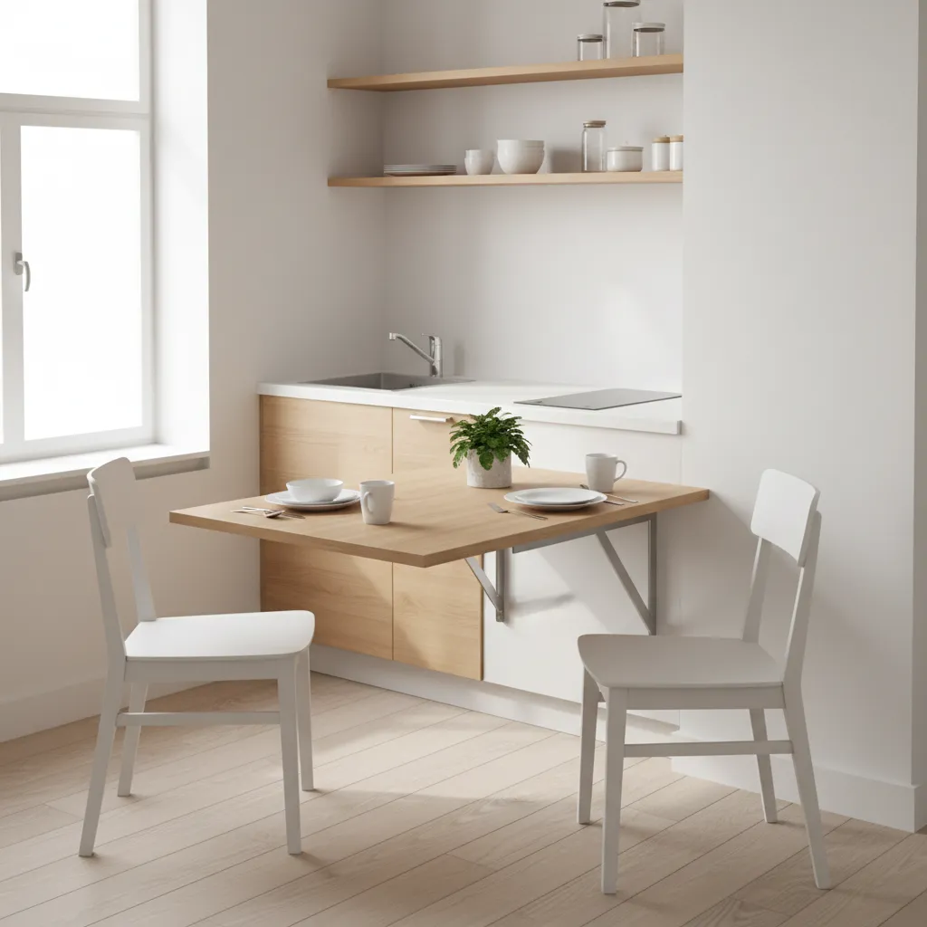Wall mounted fold down kitchen table opened for dining