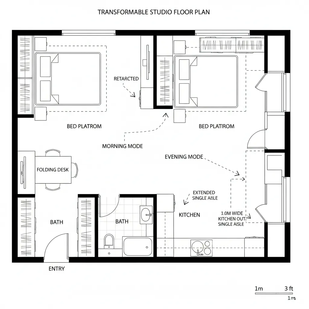 Floor plan of a studio with two beds and folding desk showing morning and evening modes