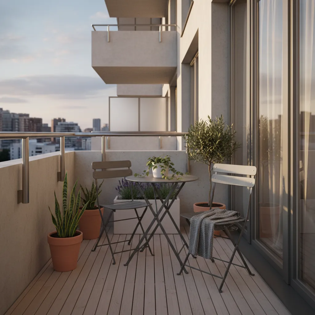 foldable chairs and small folding table on narrow balcony
