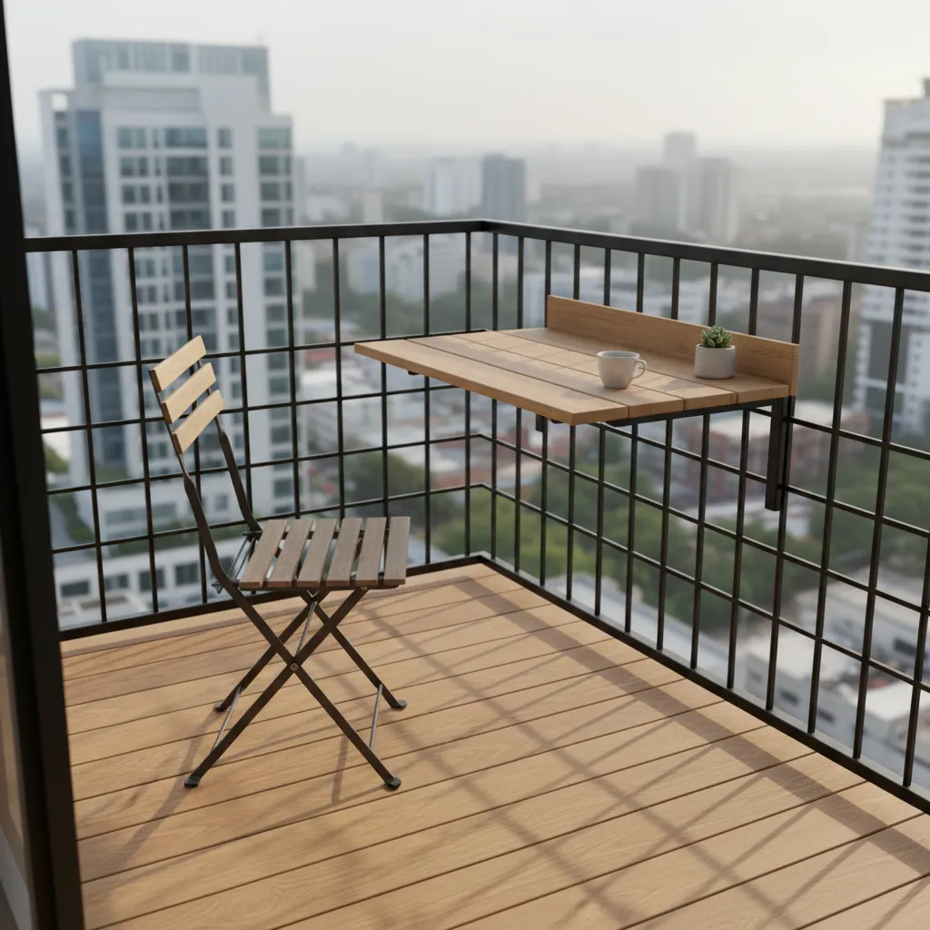 Compact balcony with foldable furniture and railing table
