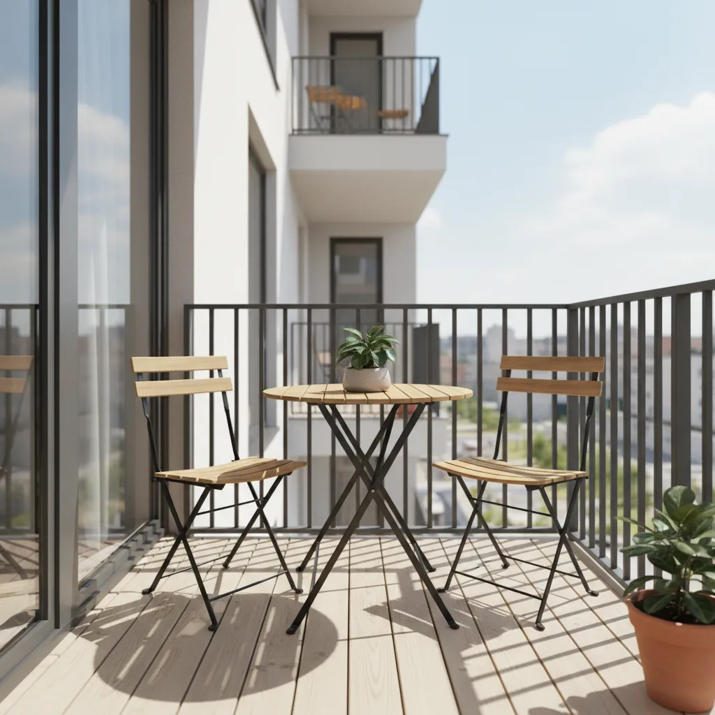 Small balcony with foldable bistro table and chairs saving space