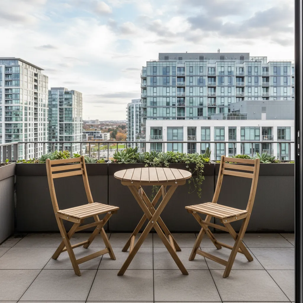 Foldable chairs and compact table on a narrow balcony