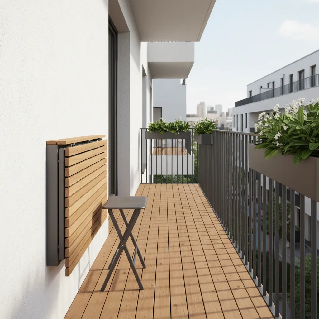 foldable wall mounted table and slim stool in narrow balcony layout
