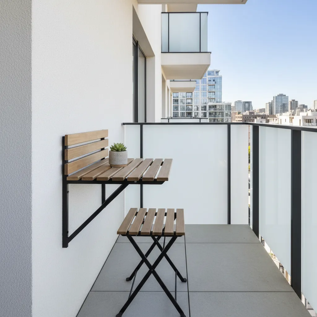 Foldable wall mounted balcony seat and table in a small apartment balcony