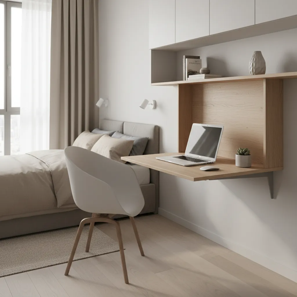 Wall mounted foldable desk in a small bedroom workspace