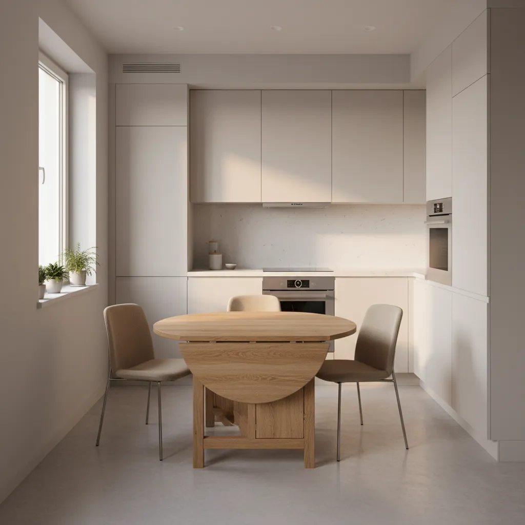 Foldable drop leaf dining table expanded in a small kitchen