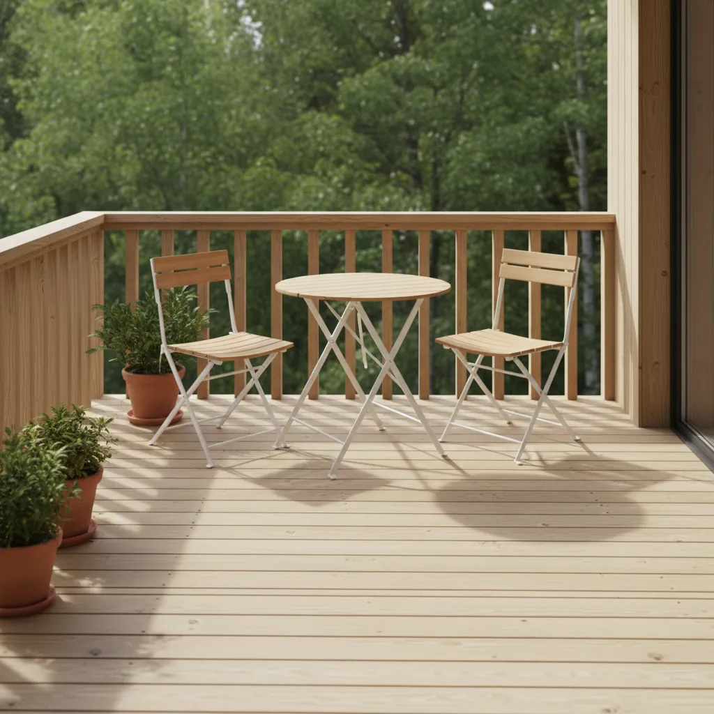 Foldable bistro table and chairs on a compact bedroom deck