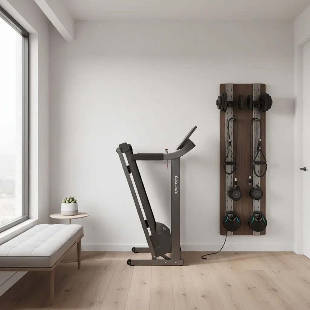Foldable treadmill and modular strength equipment stored neatly in a small room