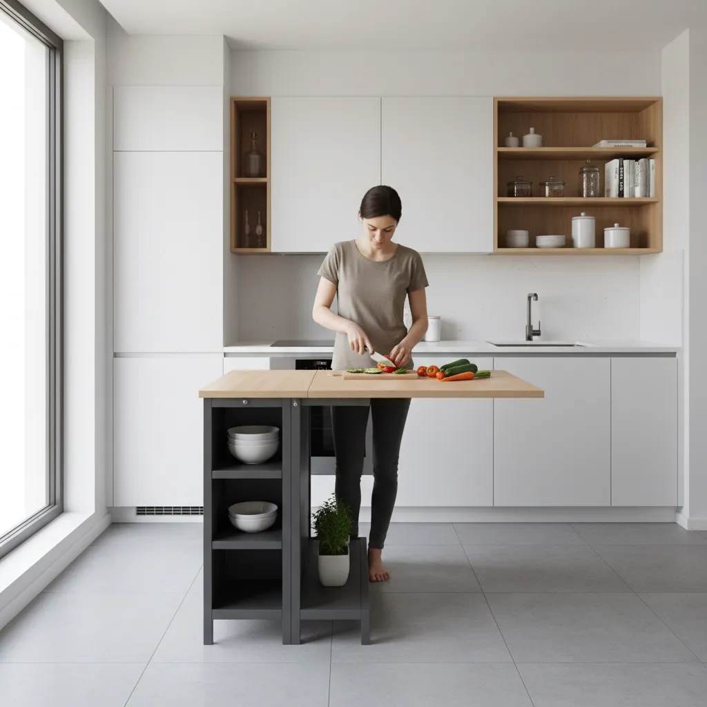 Woman cuts fresh vegetables on foldable wooden kitchen table in a modern bright white kitchen
