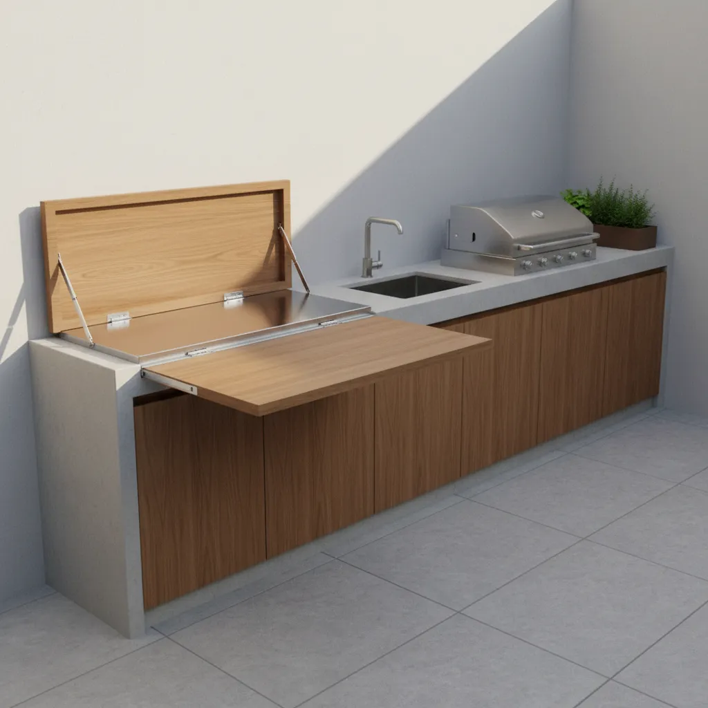Outdoor kitchen foldable prep table attached to wall