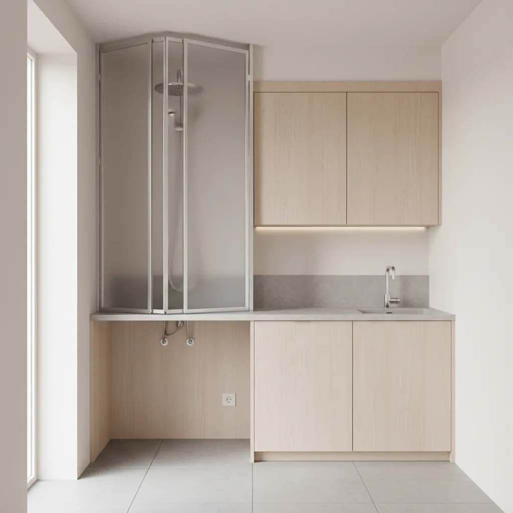 Compact kitchen unit with light wood cabinets and a glass folding shower screen on top