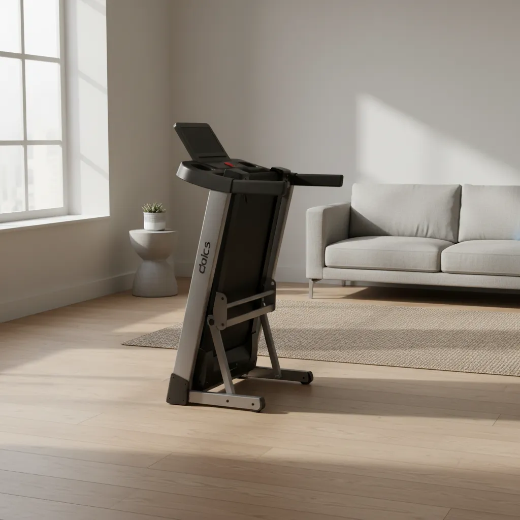 Foldable treadmill partially folded showing space saving design