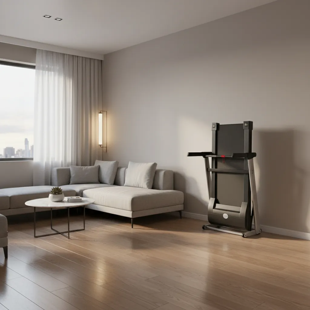 Foldable treadmill stored upright against wall in apartment