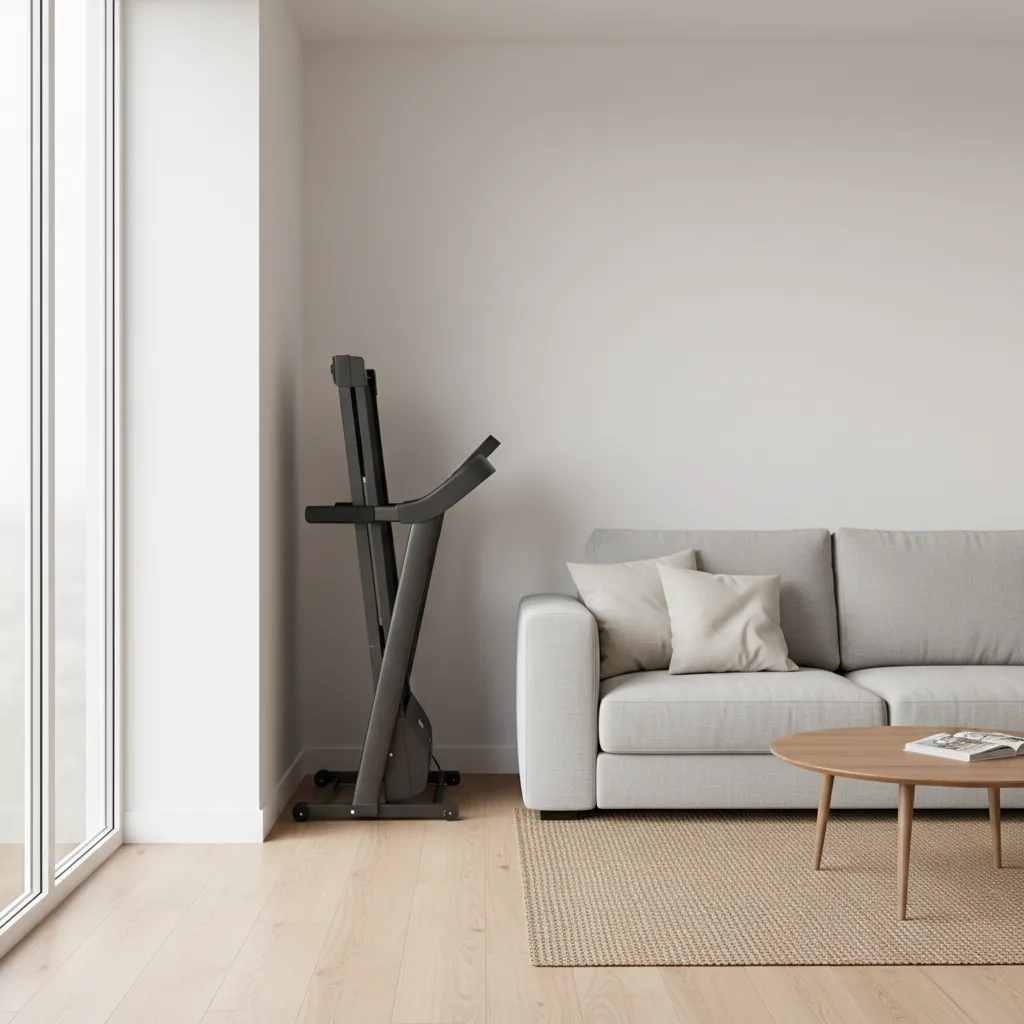 folded compact treadmill stored vertically in a small apartment corner