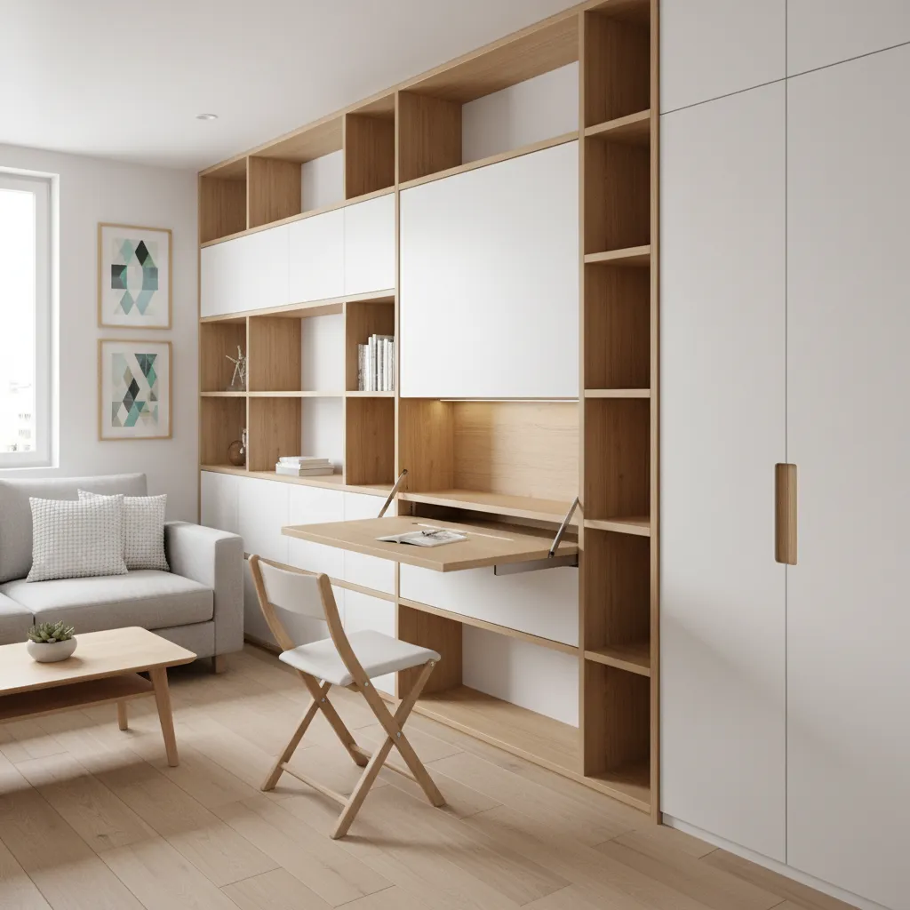 Foldable wall desk integrated into a compact wall storage system