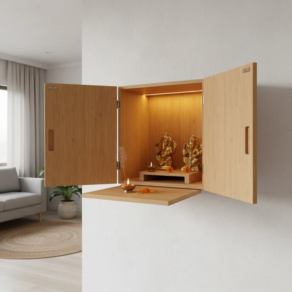 Foldable wall mounted pooja mandir cabinet in small apartment