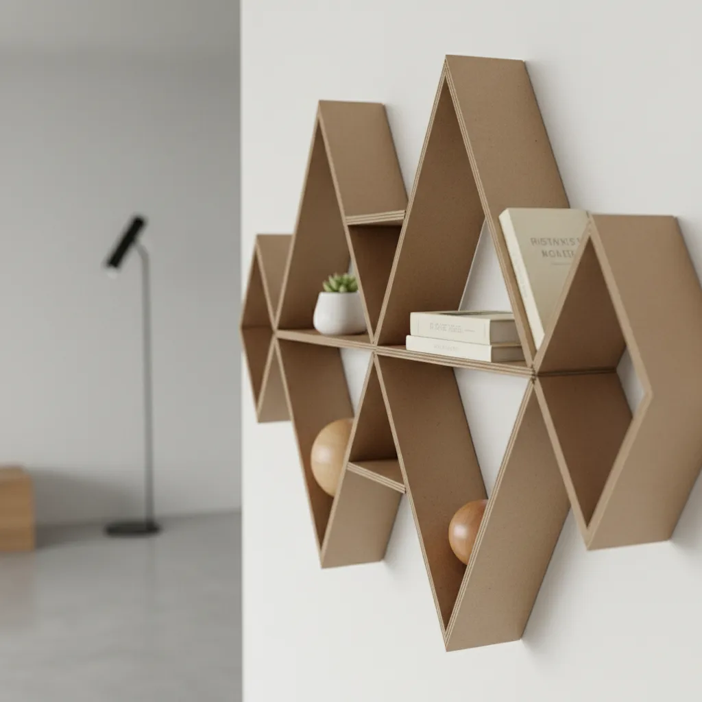folded triangular cardboard shelf structure mounted on wall