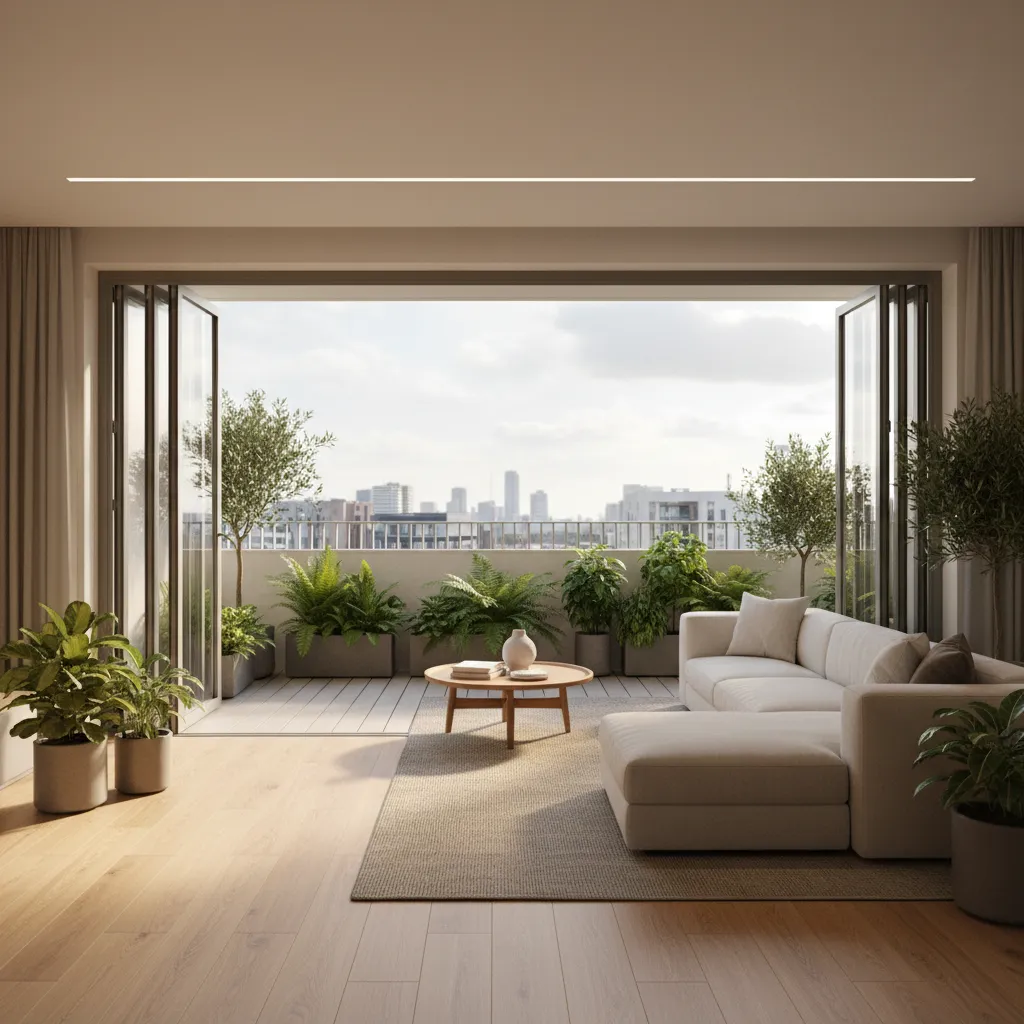 Bi fold aluminium balcony window fully opened connecting living room and balcony