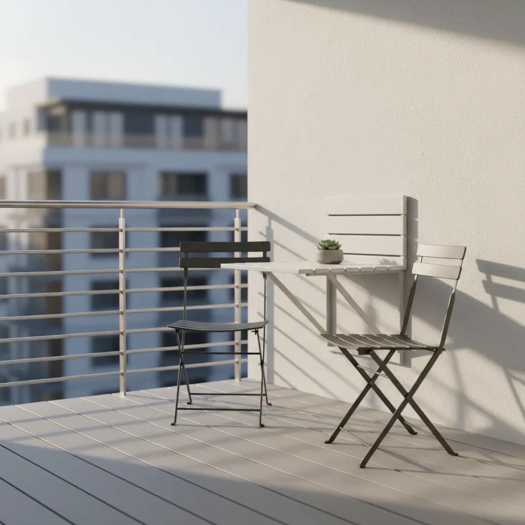 Small balcony with folding table and chairs mounted to wall