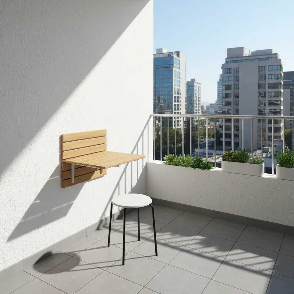 small balcony with wall mounted folding table and stool