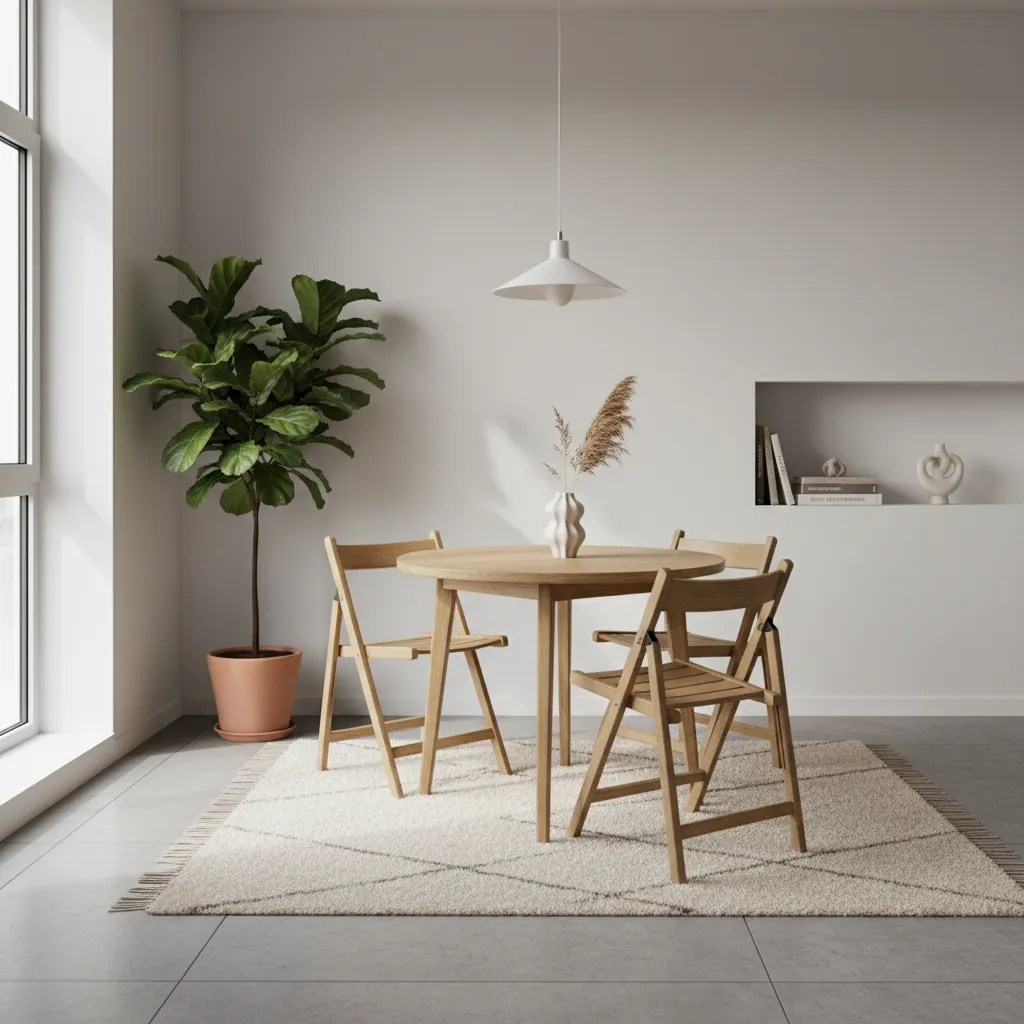 Pequeño comedor con sillas plegables modernas de madera