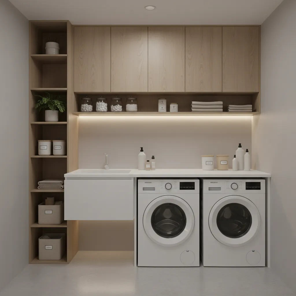 Modern laundry room with two white washing machines wood cabinets white sink and warm lighting
