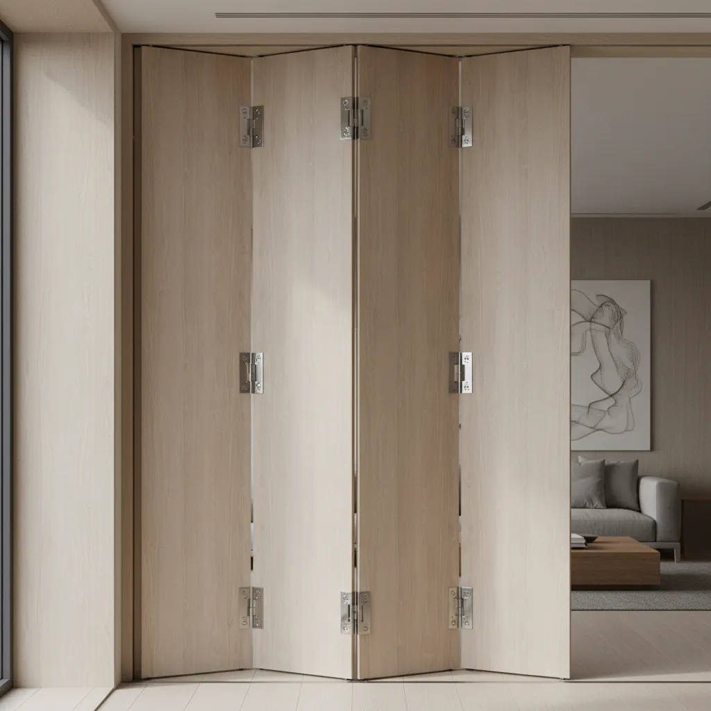 folding door panels and hinge joints in compact room divider