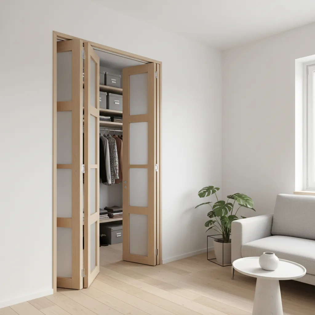 bifold folding double doors stacked to the side in a small interior