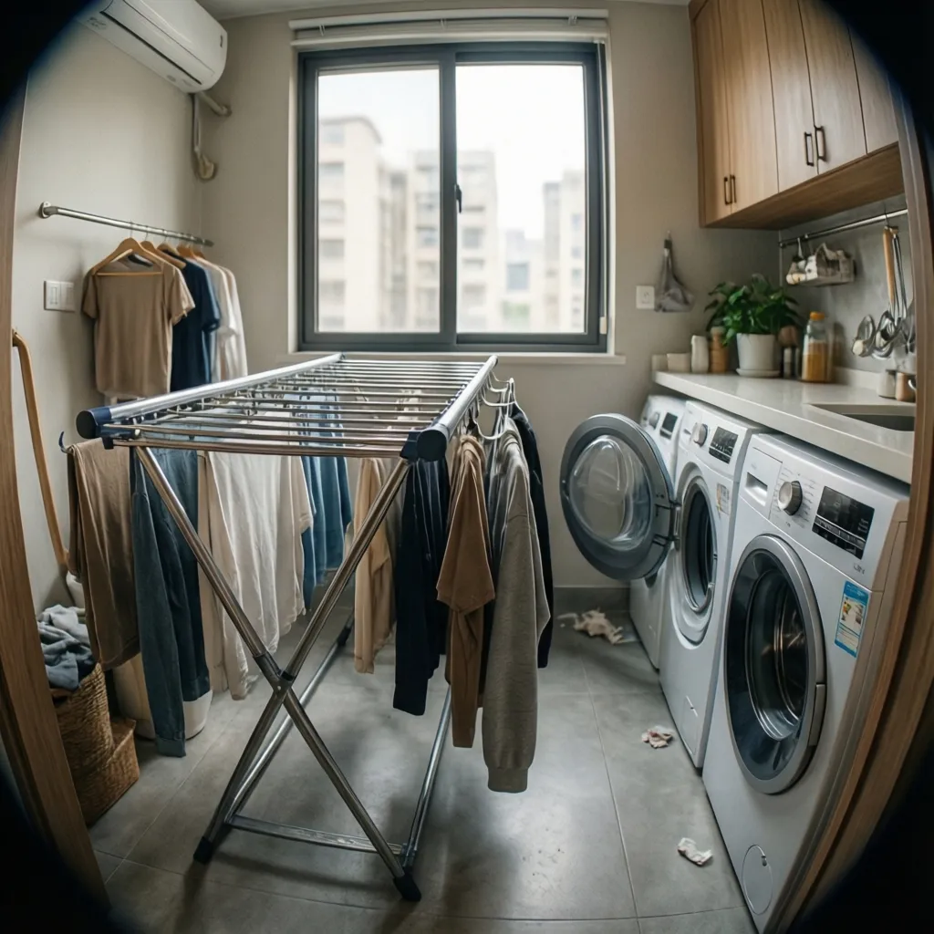 Portable folding drying rack placed on the floor of a small laundry room