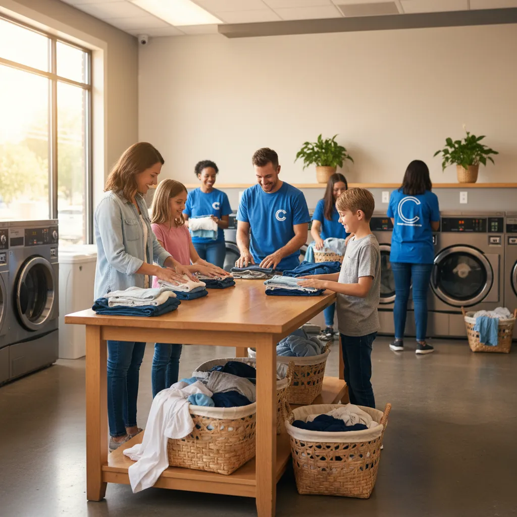 family folding clean clothes at community laundry assistance event