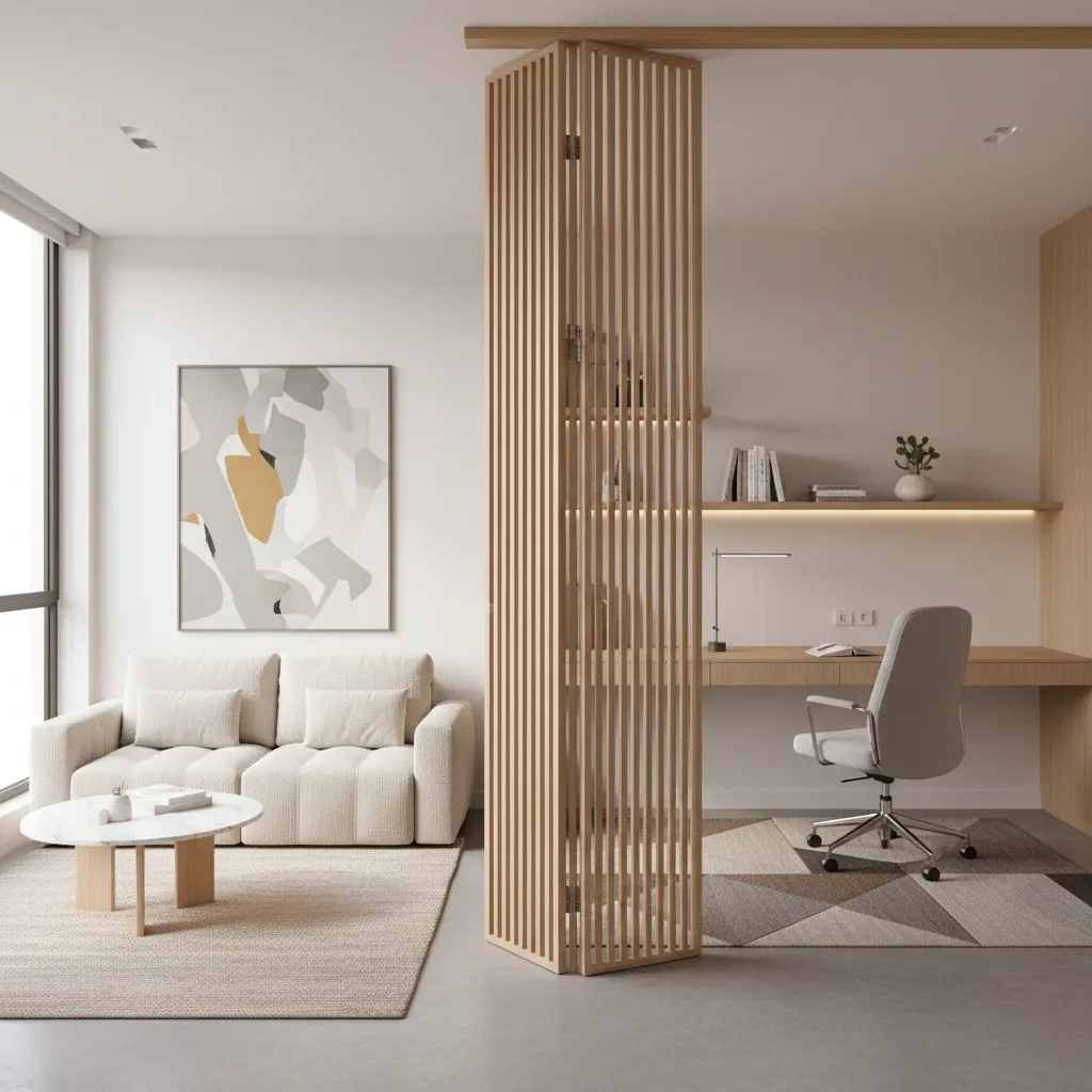 Folding partition doors creating flexible room layout in micro apartment