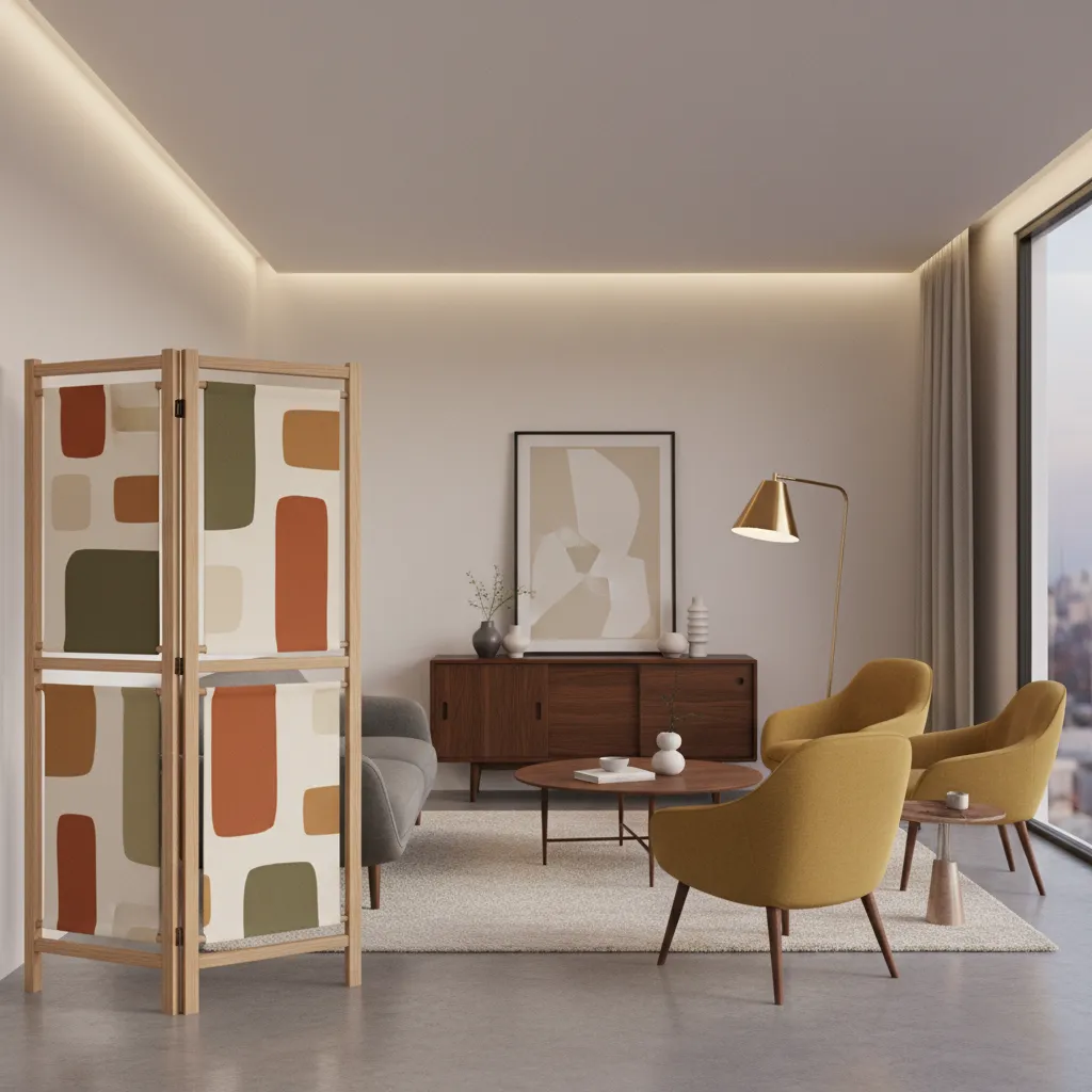 decorative folding screen used as portable room divider in living space