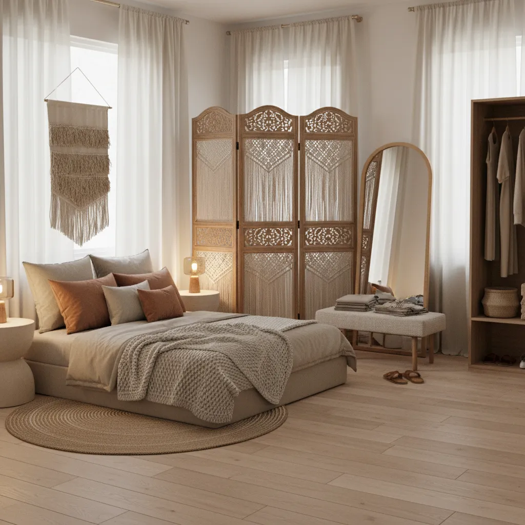 Decorative folding screen used as a temporary bedroom divider