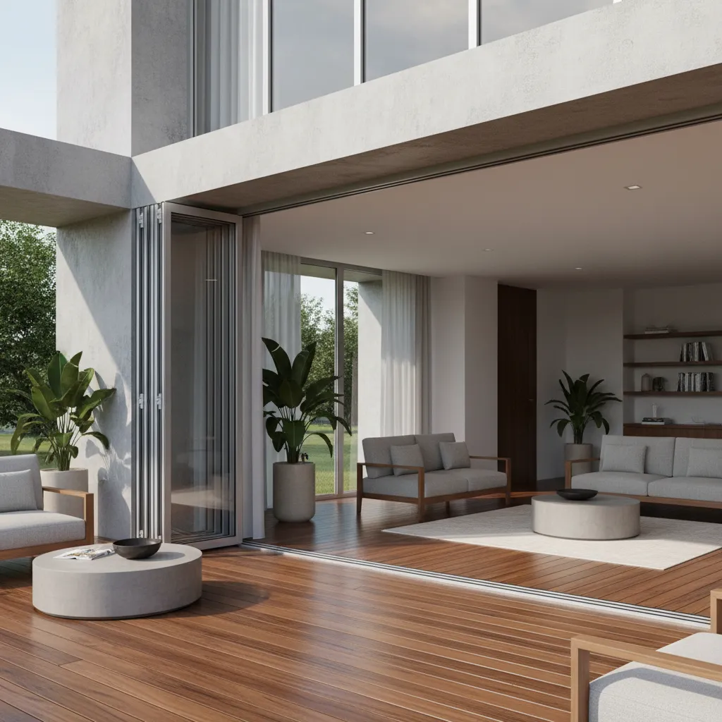 Large patio with folding security doors fully opened creating wide indoor outdoor access