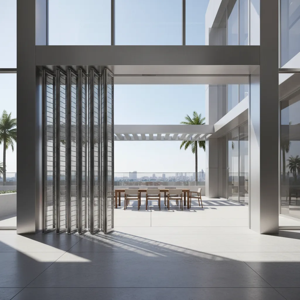 Folding security door panels stacked open creating wide entrance